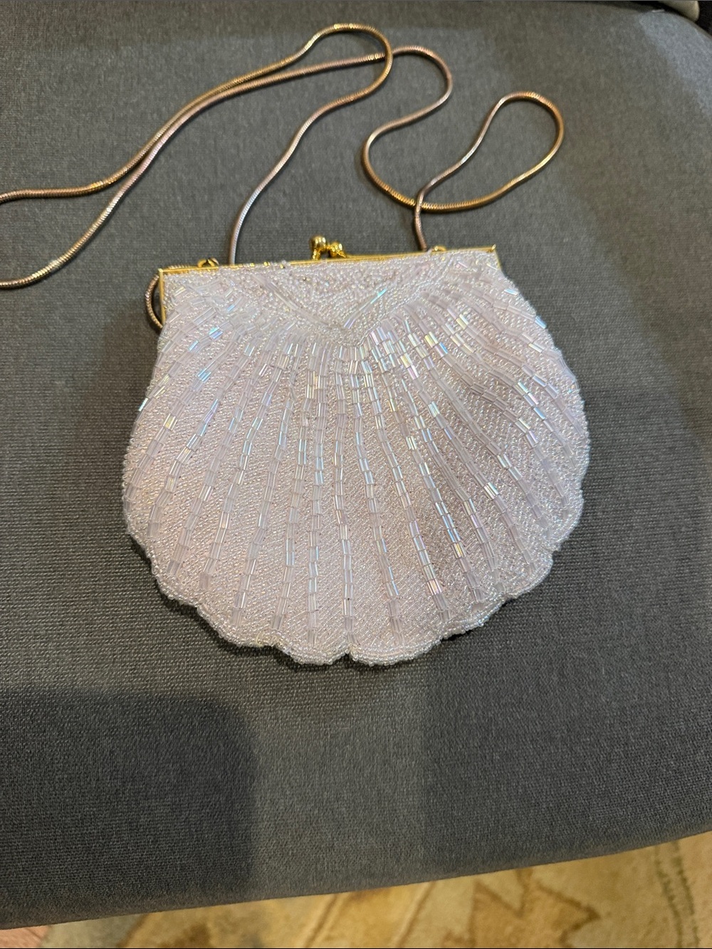 Valerie Stevens Iridescent Light Lavender Beaded Shell Clutch with Gold Chain